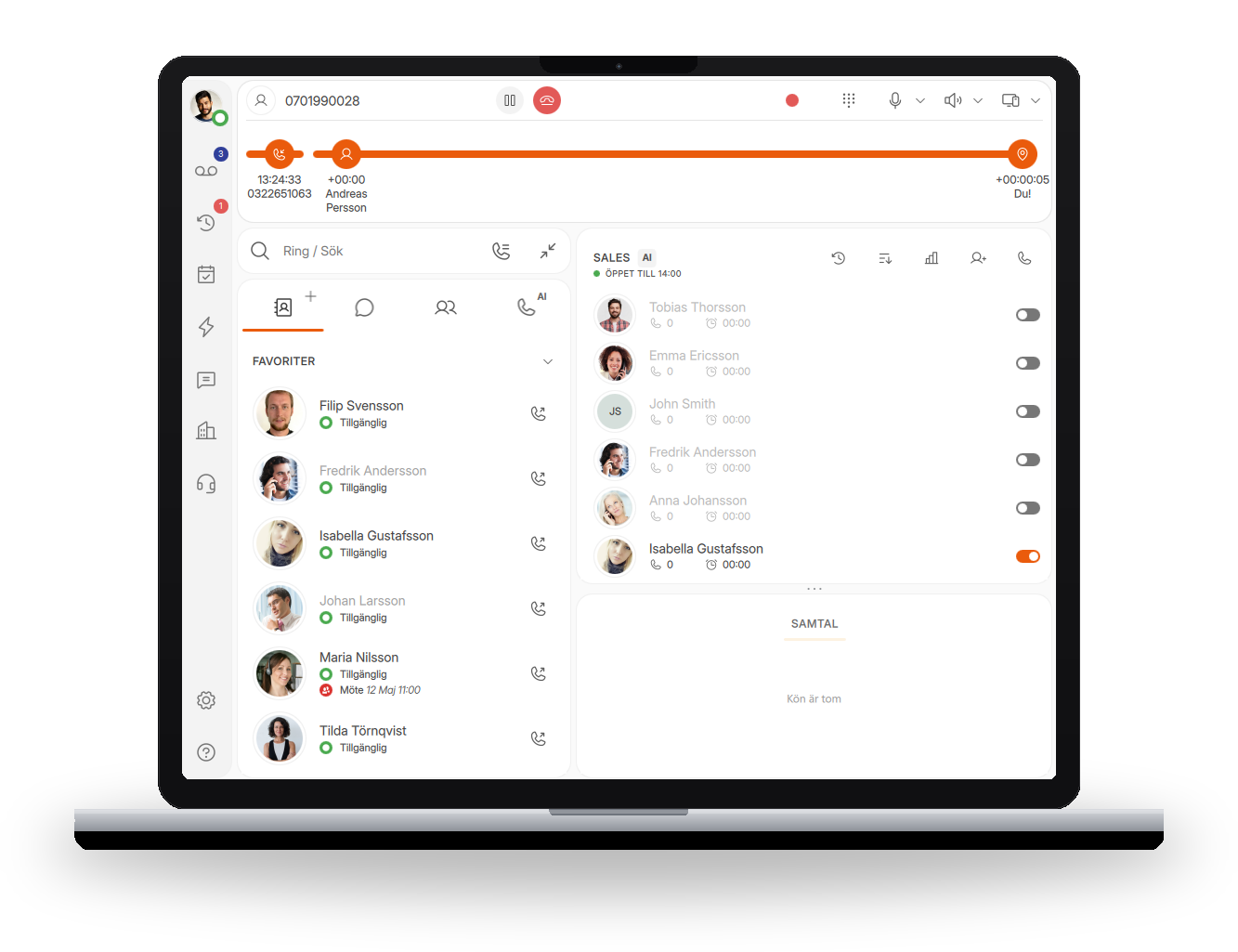 Infinity desktop-app på laptop — pågående samtal med aktiv kö och teamöversikt